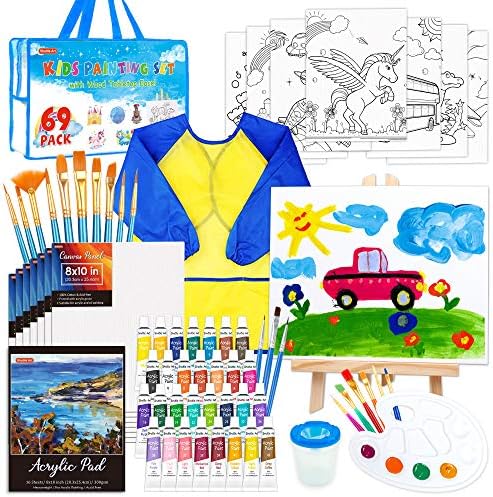 69 חבילה ילדים צבע סט, הסעות אמנות אמנות סט לילדים עם 30 צבעים אקריליק צבע, עץ כן ציור, בד, ציור כרית, מברשות,