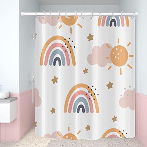 וילון מקלחת קשת של טאנגס, ילדים מקסימים לילדים קשתות דפוס צבעוני ענן חמוד כוכבי שמש חמוד וילונות אמבטיה