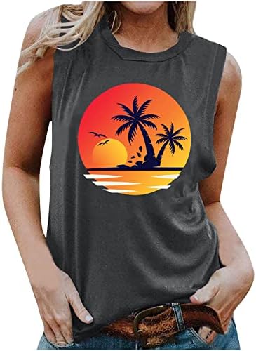 נשים שקיעות חוף קיץ עצי קוקוס חולצה חולצת צוואר עגולה ללא שרוולים
