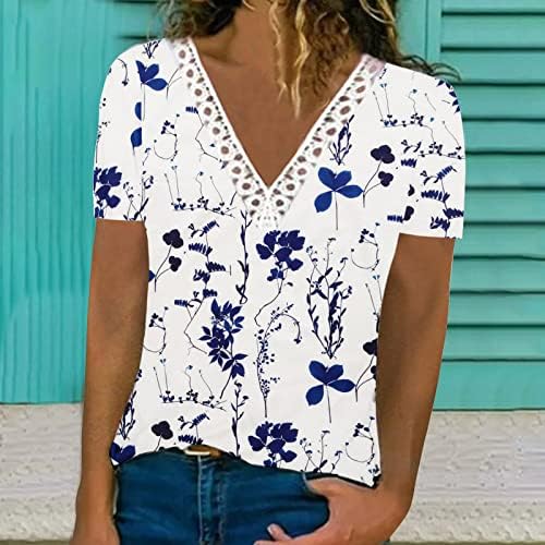 צמרות שרוול קצרות קיץ לנשים סרוגה תחרה לקצץ V צוואר חולצות 2023 חולצות טוניקה להדפס פרחוני