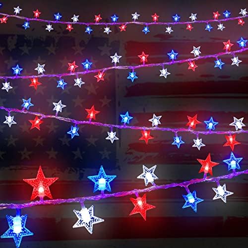 אורות מחרוזת כוכבים 4 ביולי 100 LED 33ft, קישוט יום הזיכרון אורות כוכב כחול לבן אדום פליטים ניתנים