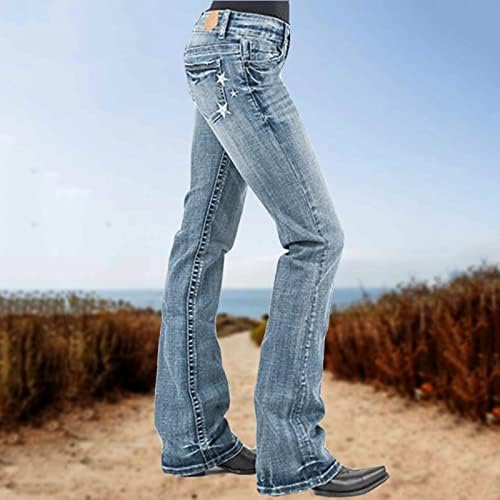 מכנסיים של Miashui Jean לנשים פעמון תחתון 2023 מכנסי ג'ינס נשים רקום כוכב ישר חבית מיקרו מתרחבת ג'ינס סלים