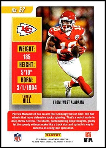 2018 מתמודדים של פאניני כרטיסים לעונה 52 TYREEK HILL KANSAS CITY CHIETS NFL כרטיס מסחר בכדורגל