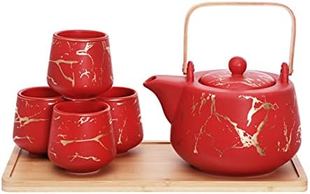 פוג'י סחורה עיצוב שיש עיצוב תה הגשת הגשת מגש עץ קרמיקה 37 FL OZ קומקום עם 4 כוסות תה חרסינה של