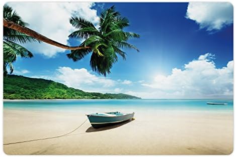 מחצלת לחיות מחמד טרופית למזון ומים, סירת עץ חוף סיישל עם עצי דקל נוף אוקיינוס גן עדן, מלבן מחצלת