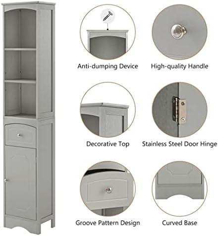 N/A ארון אמבטיה אחסון בודד עם מגירות לוח MDF מדפים מתכווננים ארון אמבטיה גבוה אפור