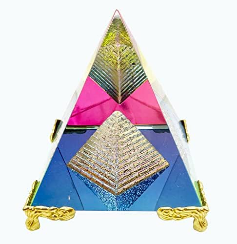 יצירות Aashita Fengshui פירמידה קריסטל רב -צבעונית על עמדת זהב לתיקון Vastu, מזל טוב ושגשוג