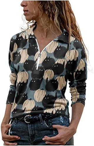נשים הנלי חולצות, נשים אופנה דש טי חתול דלעת הדפסת רוכסן ארוך שרוול חולצה מזדמן סוודר חולצות עם צוואר