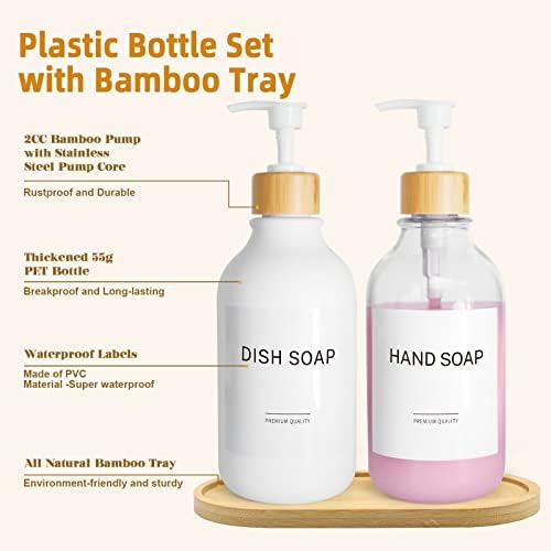 4 מארזים מתקן סבון לחדר אמבטיה ומטבח, בקבוקי משאבת במבוק מפלסטיק של 16 גרם פלסטיק עם מגשים, מתקן מעובה