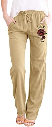 מכנסי פשתן לנשים באתקיה רחבה במותניים גבוהות בקיץ כותנה פשתן מכנסי מכנסיים עם כיסים אימונים למכנסיים לנשים