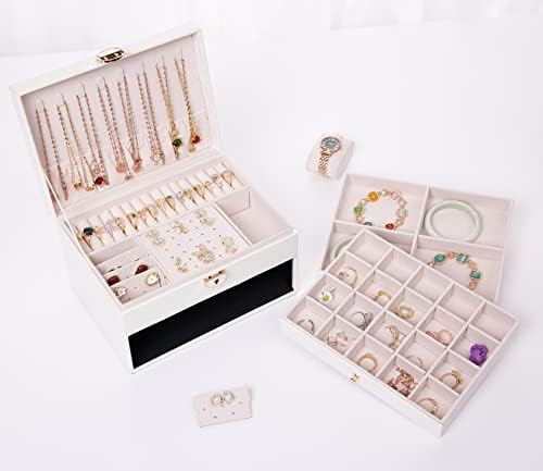 מארגן קופסאות תכשיטים וינטג 'של זומייה לטבעת ושרשרת, מחזיק מארגן עגילי עור גדול של PU עם שלוש שכבות של המגירה