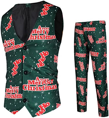חליפות חג המולד של Wocachi 2PCS לגברים, חג המולד סנטה קלאוס איש שלג הדפס מכנסי חזה חזה חזה מכנסיים מכנסיים