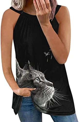PMMQRRKUU גופיות מפוספסות לנשים טנק הדפסת חתול גופית צוואר הצוואר חולצה קיץ חולצה ללא שרוולים.