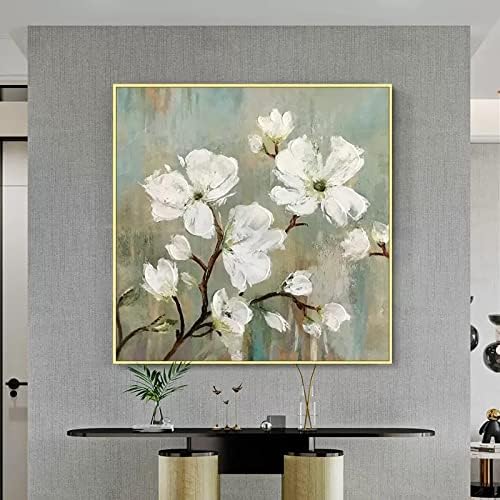 Jfniss art 3d ציורי אמנות מופשטים - ציורי שמן על בד פרחים לבנים מרובעים מצוירים ביד יצירות אמנות קיר קיר