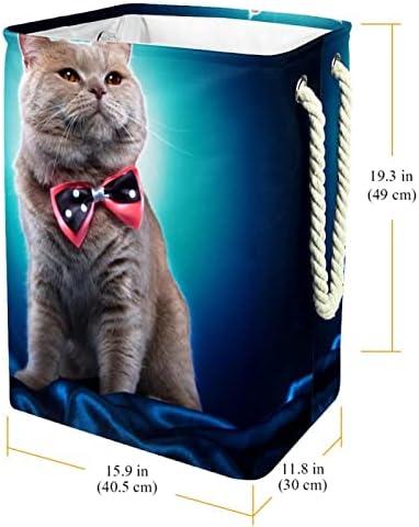 חתול יצירתי עם עניבת פרפר כביסה כחולה סל כביסה מתקפל על מארגן מלבני מתקפל למבוגרים יוניסקס, נערות נוער, בנים,