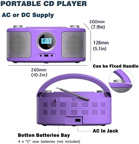 נגן תקליטור רדיו נייד סטריאו לילדים נגן CD Boombox עם Bluetooth/FM רדיו/MP3/CD-R/CD-RW Playback/USB יציאת