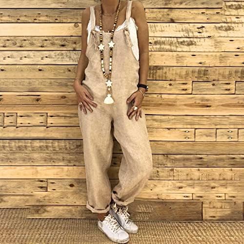 LMSXCT אופנה לנשים כותנה כותנה פשתן סרבלים קיץ מזדמן רופף כושר סרבל ללא שרוולים בתוספת מכנסי רגל
