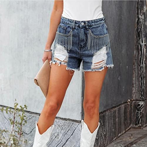 מכנסיים קצרים של שוליים ריינסטון של הנשים אמצע עלייה קרעה שולי נמתחים מכנסי ג'ין קצרים מקומטים במצוקה חמה פלוס