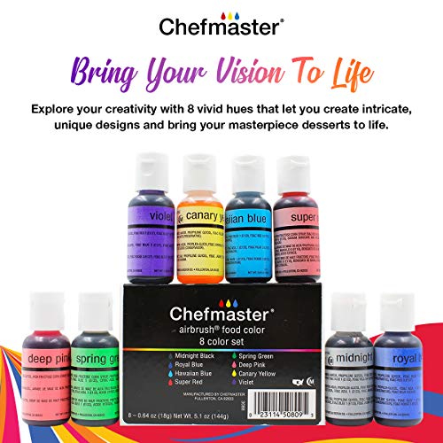 Chefmaster - ערכת מברשת אוויר - צביעת אוכל מברשת אוויר - 8 חבילה - אמת לצל צבעים תוססים - עובד עם כל כלי מברשת