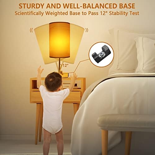 【L גודל】 מנורת שולחן ליד המיטה העמומה במלואה עם USB A+C יציאות טעינה ושקע AC, עגול שידה מודרני של שידת