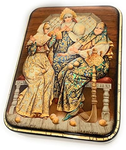 קופסת תכשיטים דקורטיבית בלעדית מיניאטורה לכה רוסית שלוש בנות. עשוי מעיסת נייר פדוסקינו.עיצוב
