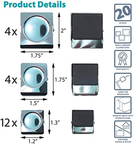 קטעי מתכת מגנטיים 20 חבילה על ידי מוצרי משרד טובים יותר, גדלים שונים, נירוסטה כבדה, ריבוע, 1.2/1.5/1.75 אינץ ',