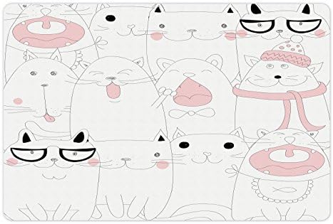 מחצלת לחיות מחמד לחתלתולים למזון ומים, חבורה של חתולים עצובים ושמחים, נושא קריקטורה של חתולים עצובים, מחצלת