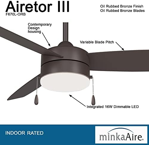 Minka-Aire F670L-ORB Airetor III 54 מאוורר תקרה עם תאורת LED ושרשרת משיכה בגימור ברונזה שפשף שמן