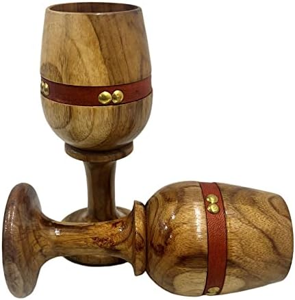 בציר עץ יין גביע סט של 2 עור רצועת שתיית גביע מים זכוכית גביע מטבח אביזרי כלי שתייה טיק עץ עבור