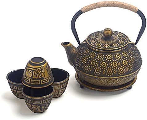 6 חלקים מוזהב יפני יפני קומקום ברזל יצוק עם 4 כוסות תה, תה תה עלים וטריס