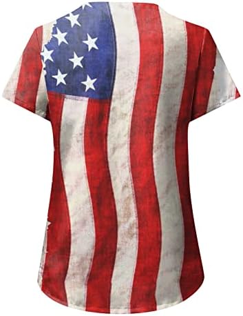 4 ביולי חולצות חולצות לנשים דגל ארהב דגל קיץ שרוול קצר נגד חולצת טריקו צוואר עם 2 כיסים לבגדי עבודה מזדמנים