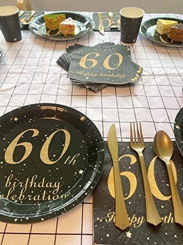 קישוטי יום הולדת 60 לגבר נשים ספקי צד מפיות, כוסות, צלחות, סכין, כף, מזלג-16 סטים