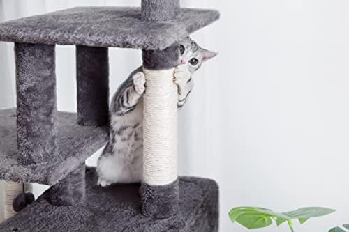 פסופר 61.8 סנטימטרים חתול עץ רב-רמת חתול דירה עם משטח גירוד גדול מתנדנד כדורי עבור כל חתולים כהה אפור