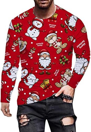 מעצב T מעצבים של Wocachi Mens 2022 חג המולד מצחיק תלת מימד הדפסת שרוול ארוך חולצה חג המולד דק -כושר