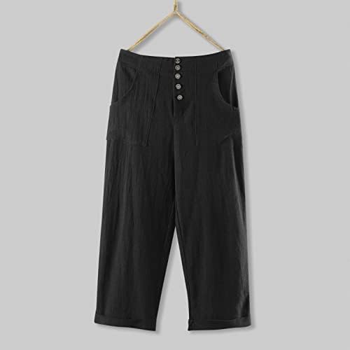 2023 מכנסי פשתן כותנה חדשים לנשים, כפתור רגל רחבה פאלאצו קפרי אורך עבודה מכנסיים קצוצים מזדמנים לבושיים