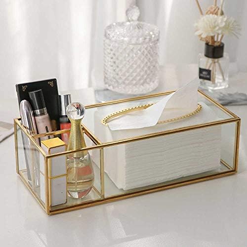 Hjkogh זכוכית קופסת רקמות מארגן שולחן עבודה זהב מפיות נייר מגבונים מחזיק נייר טישו מותאם אישית