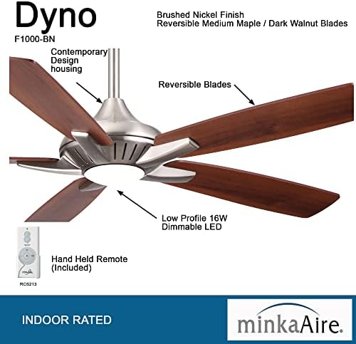 Minka-Aire F1000-Bn Dyno 52 אינץ 'מאוורר תקרה מקורה עם LED משולב 16W אור מעומק בגימור ניקל מוברש ולהבים הפיכים