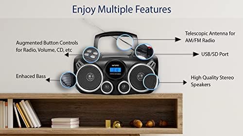 RIPTUNES נגן תקליטור נייד Bluetooth Stereo מערכת סאונד דיגיטלית AM FM רדיו, MP3 CD BOOMBOX USB SD PALYBACK עם