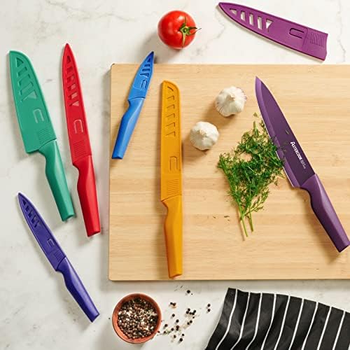 אסטרקוק סכין סט, 12 יחידות בצבעים מטבח סכין סט, 6 צבע נגד חלודה ציפוי נירוסטה סכיני מטבח עם 6 להב משמרות, מדיח