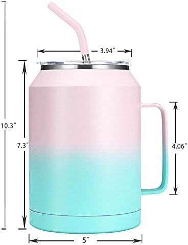 כוס ספל זנבו 50 אונקיות-ספל מבודד ואקום מנירוסטה עם ידית, מכסה וקש, שומר על משקאות קרים עד 36