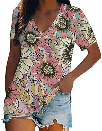 חולצות לנשים הדפסת פרחים לנשים חולצת טריקו קיץ שרוול קצר זורם טוניקה מודפסת לנשים