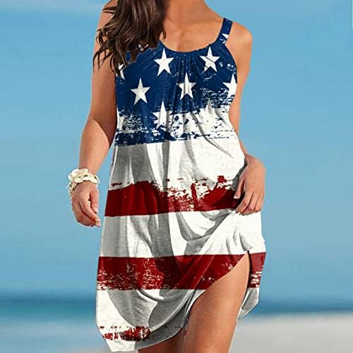 4 ביולי קיץ מזדמן חוף שמלות לנשים אמריקאי דגל בוהו שמלה ללא שרוולים סקופ צוואר זורם רופף מיני שמלות קיץ