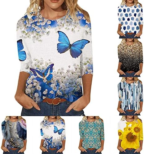 חולצות קיץ של פיררו לנשים 2023, נשים אלגנטיות מזדמנים טופיות רטרו פרפר הדפס 3/4 שרוול עליון פלוס חולצה בגודל