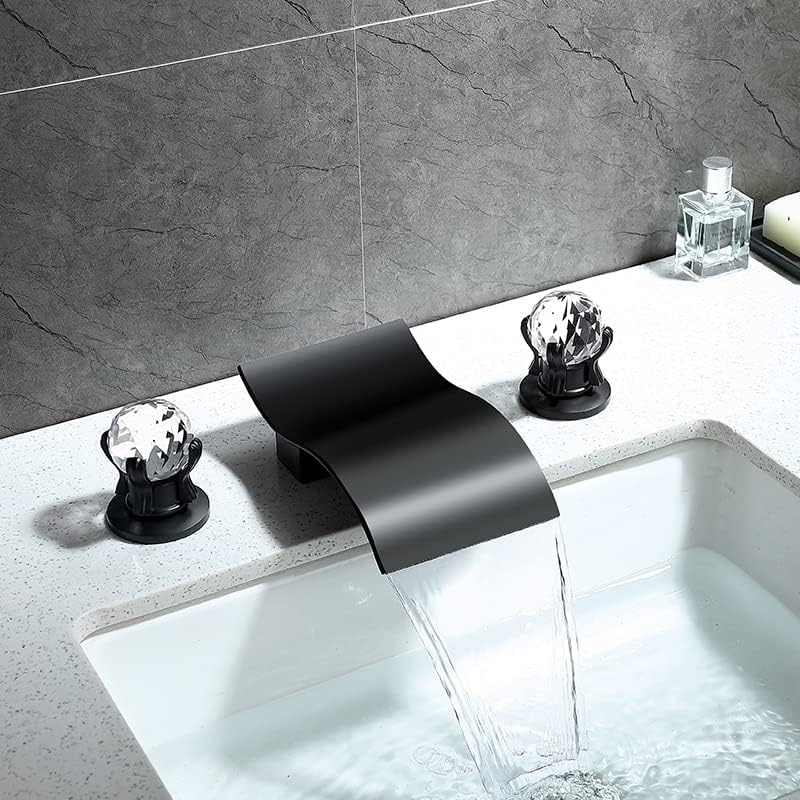 ברז כיור אמבטיה שחור של האוסליבה עם שתי ידיות ידית קריסטל, ברז אמבטיה סיפון נרחב ברז 3 חור מפל מפל