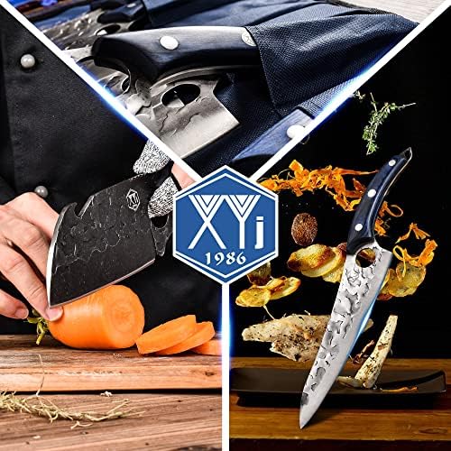 XYJ אותנטי מאז 1986,10-PCS סכין מטבח, סכיני שף מזויפים מפלדת פחמן גבוהה, בשר צמחי, גילוף, נאקירי, טאנג מלא,