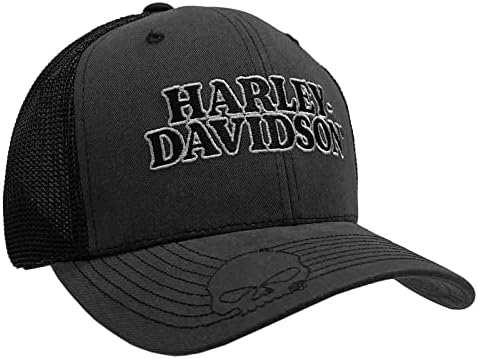 גולגולת רקומה לגברים של הארלי-דייווידסון וכובע משאית רשת טקסט שחור