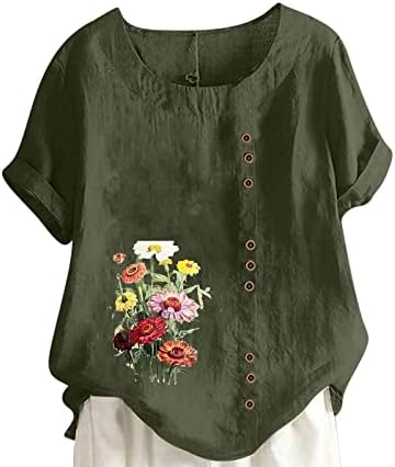 חולצת טשטורה עליונה לנשים שרוול קצר צוואר צוואן פשתן כותנה חיננית חיננית פרחונית כפתור גרפי מטה למעלה