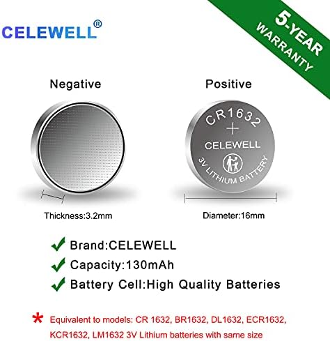 Celewell CR1632 5 חבילה CR 1632 ליתיום סוללה 3V עבור Garmin vivofit JR מפתח FOB החלפת 【אחריות לחמש שנים】
