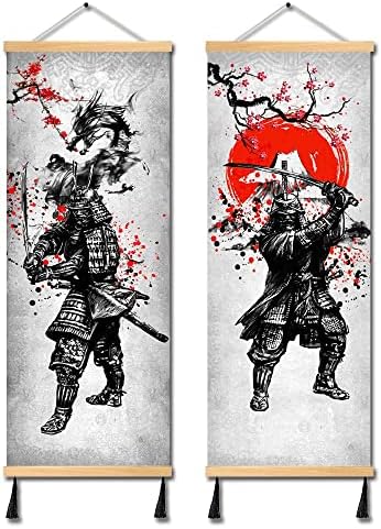 Mboufoey 2 יצירות סגנון וינטג 'סגנון ויפני עתיק דרקון לוחם יפן ובד פוג'י קנבס סמוראי קיר אמנות