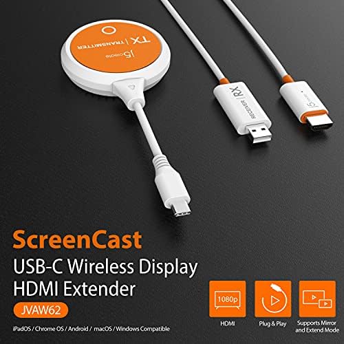 J5Create Screencast USB-C ל- HDMI משדר תצוגה אלחוטי ומקלט + USB מסוג C לכבל HDMI